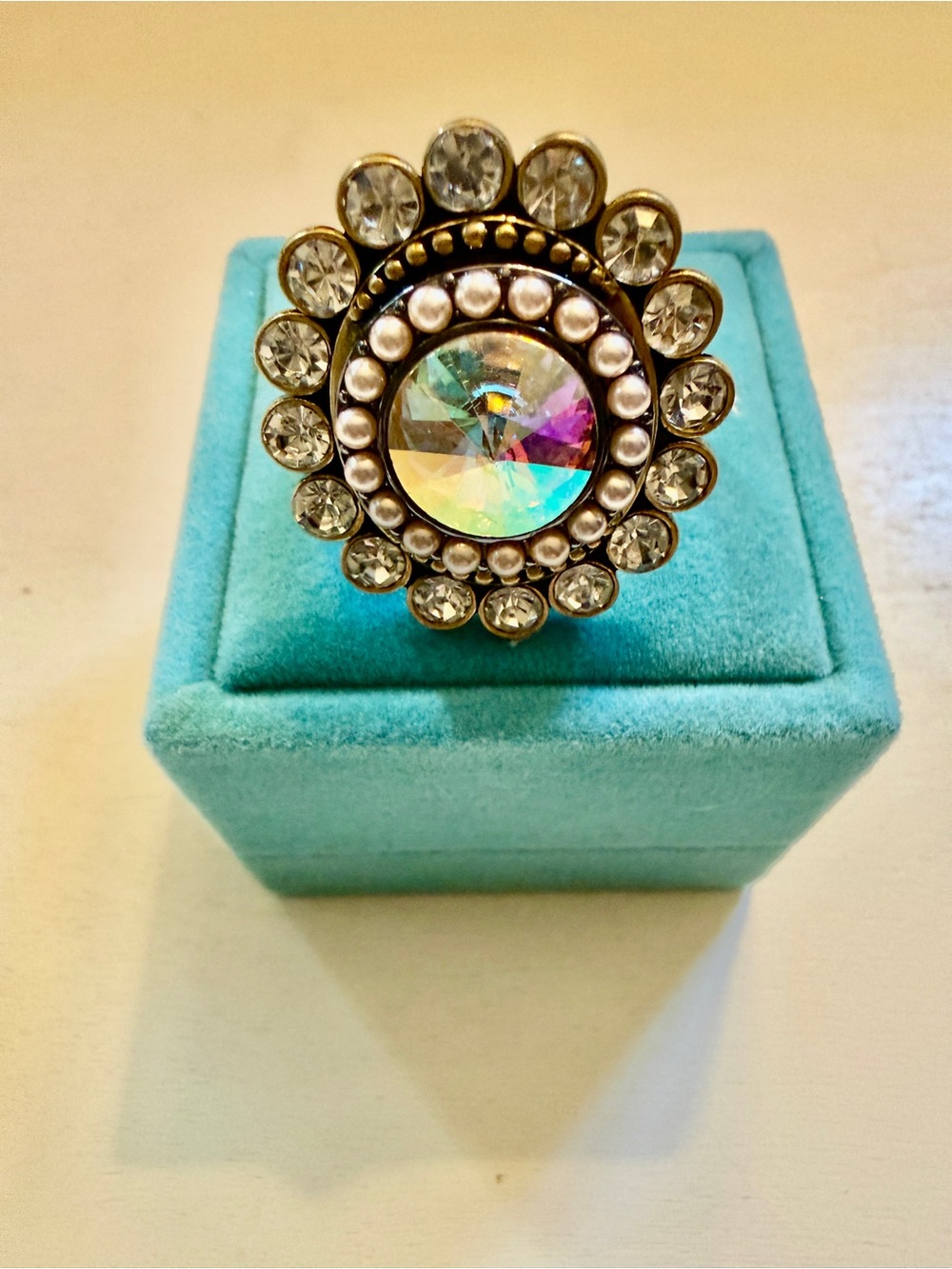 Kurt Geiger Stunning Antique Gold-Tone Halo Ring with Iridescent Center